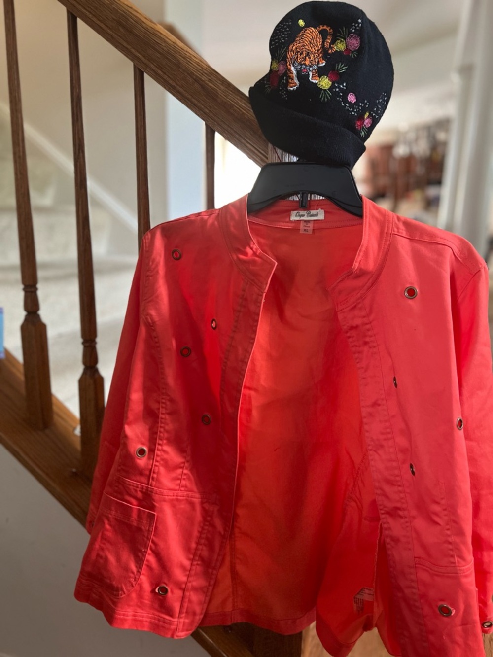 Bright Coral Utility Jacket with Grommet Details
